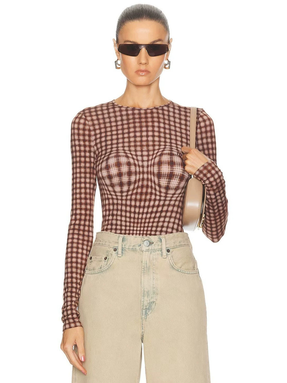 Zara Vintage Brown Plaid Crew Neck Long Sleeve Bodycon Stretchy Top